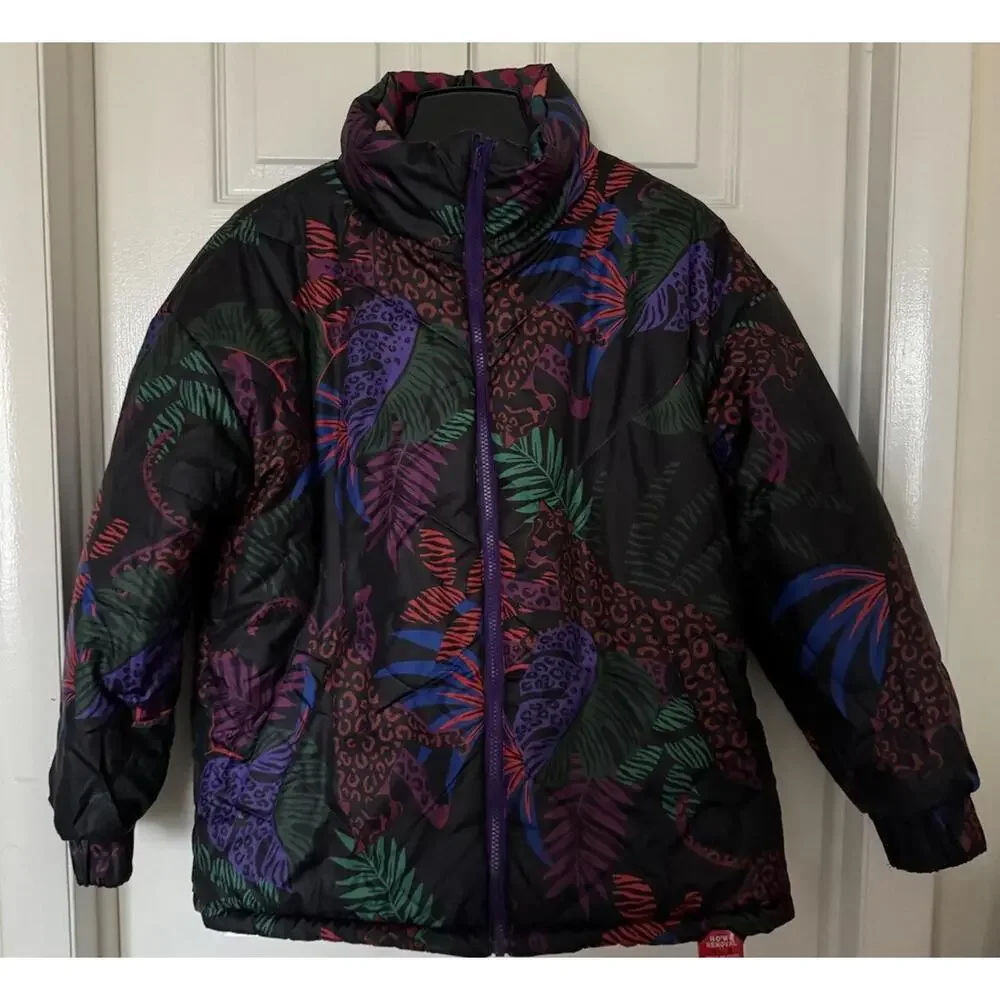 Farm Rio Women's XS Red Abstract Patches Reversible Full Zip Puffer Jacket NEW - Picture 2 of 16